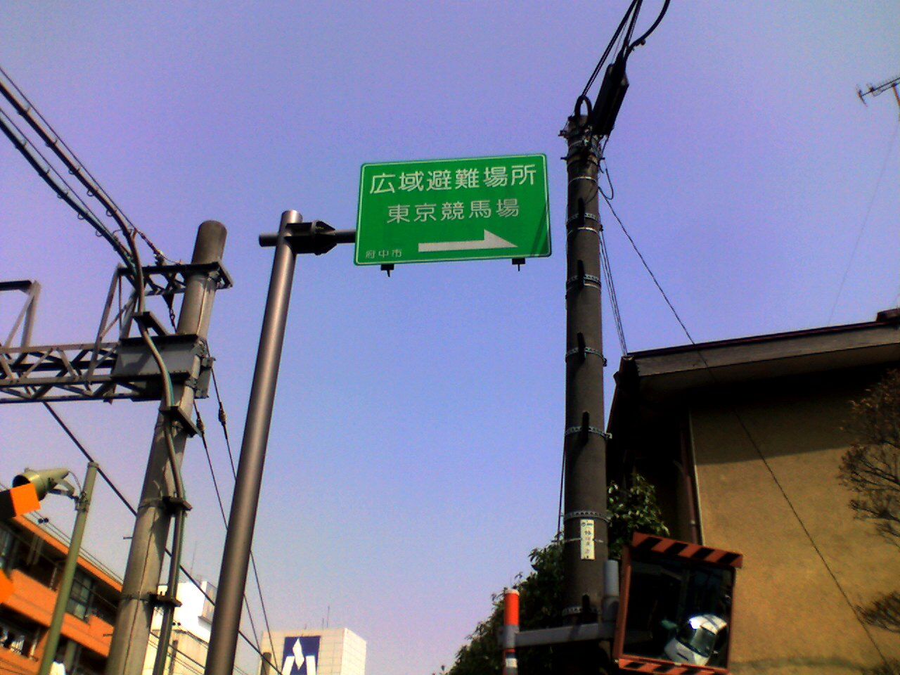 「広域避難場所」の方向を示す道路標識（東京都府中市の例）